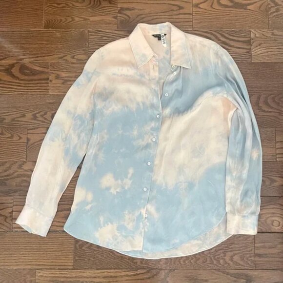 Massimo Dutti Silk Button-Down Shirt - Cream & Baby Blue Tie Dye - Picture 1 of 8